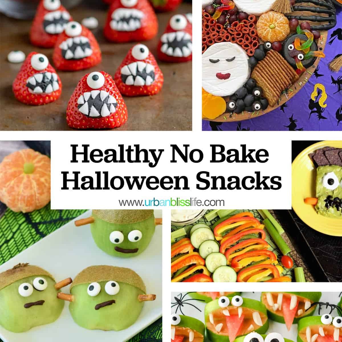 several different healthy no bake Halloween snacks in a photo collage with title text.