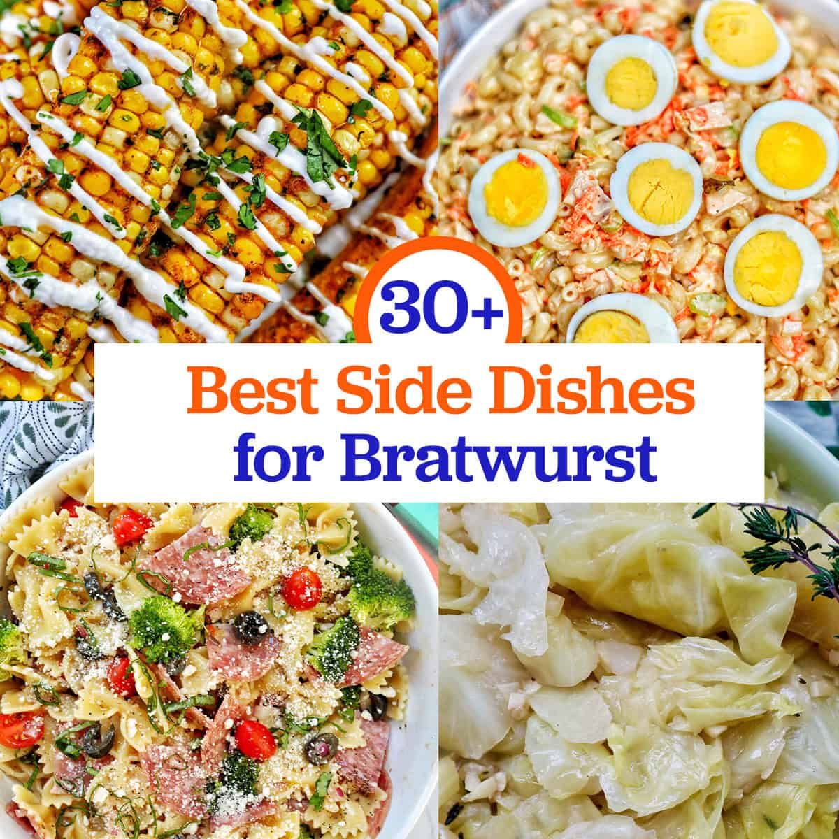 square collage of air fryer corn ribs, Filipino macaroni salad, bowtie Italian pasta salad, and cabbage with title text overlay.