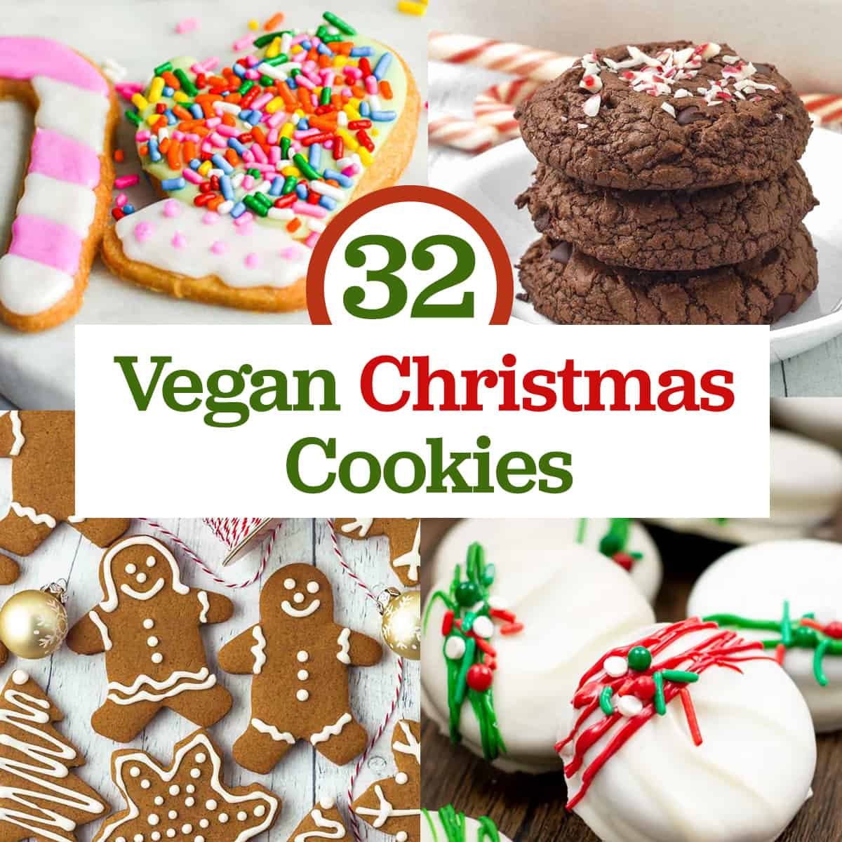 several different kinds of Christmas cookies with title text that reads "32 Vegan Christmas Cookies."