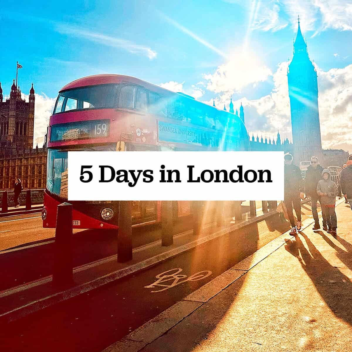 big ben and red double decker bus in london with text overlay