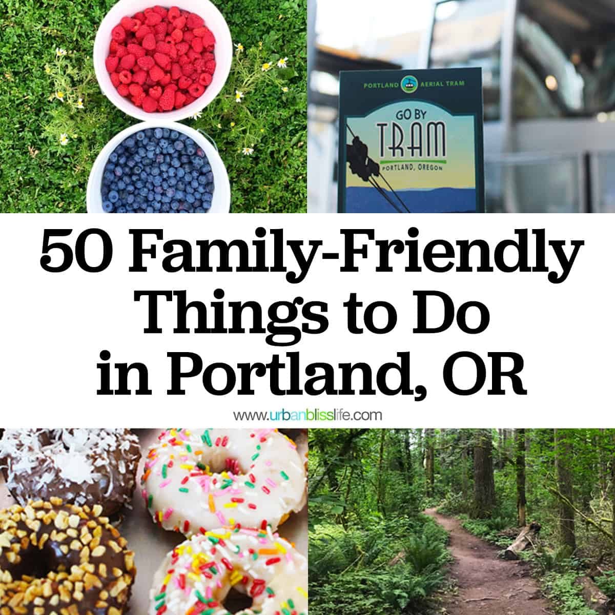 pictures of summer berries, the portland Tram, donuts, and hiking trail with title text that reads "50 Family-friendly Things to do in