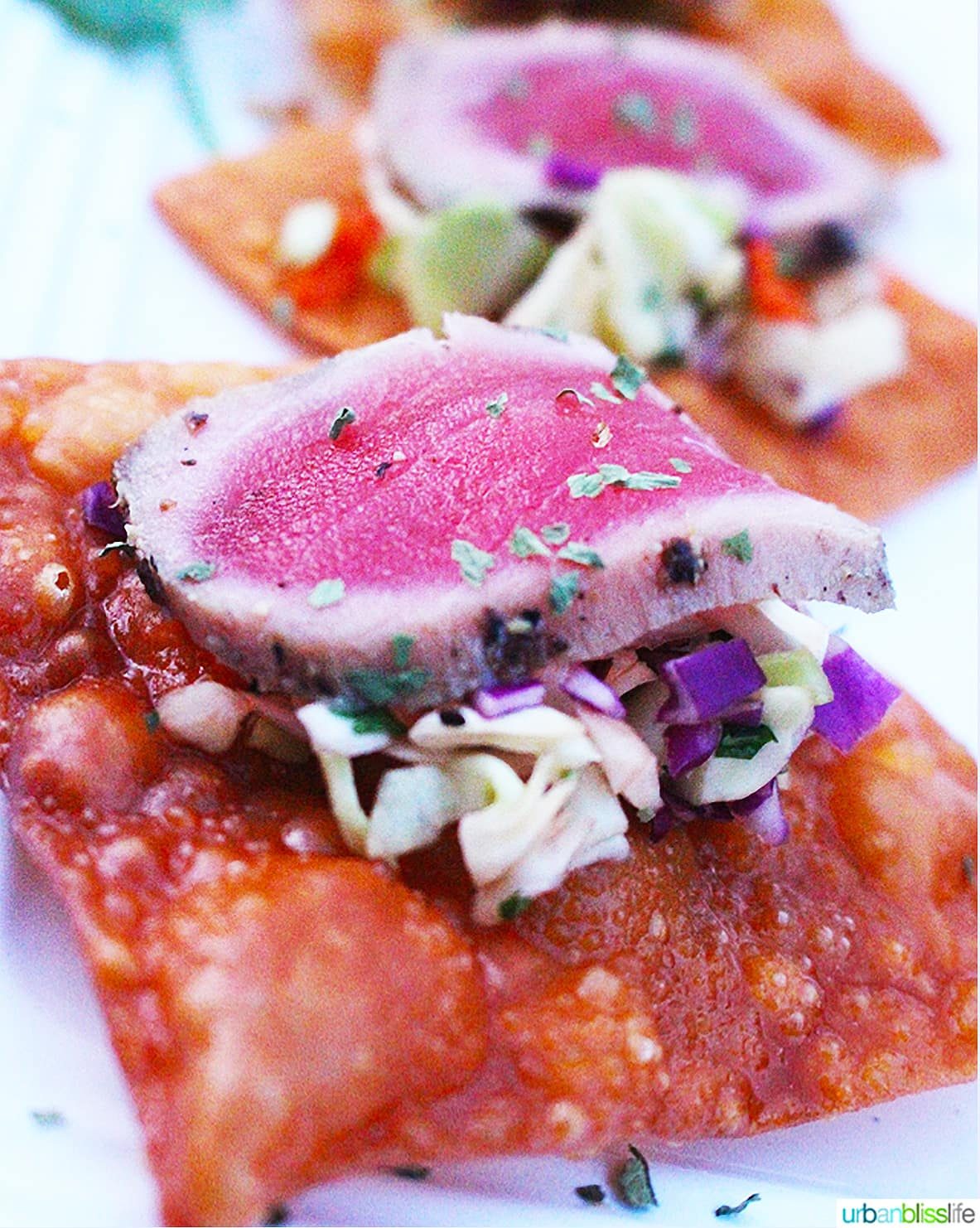 ahi tuna on crispy wonton with asian slaw