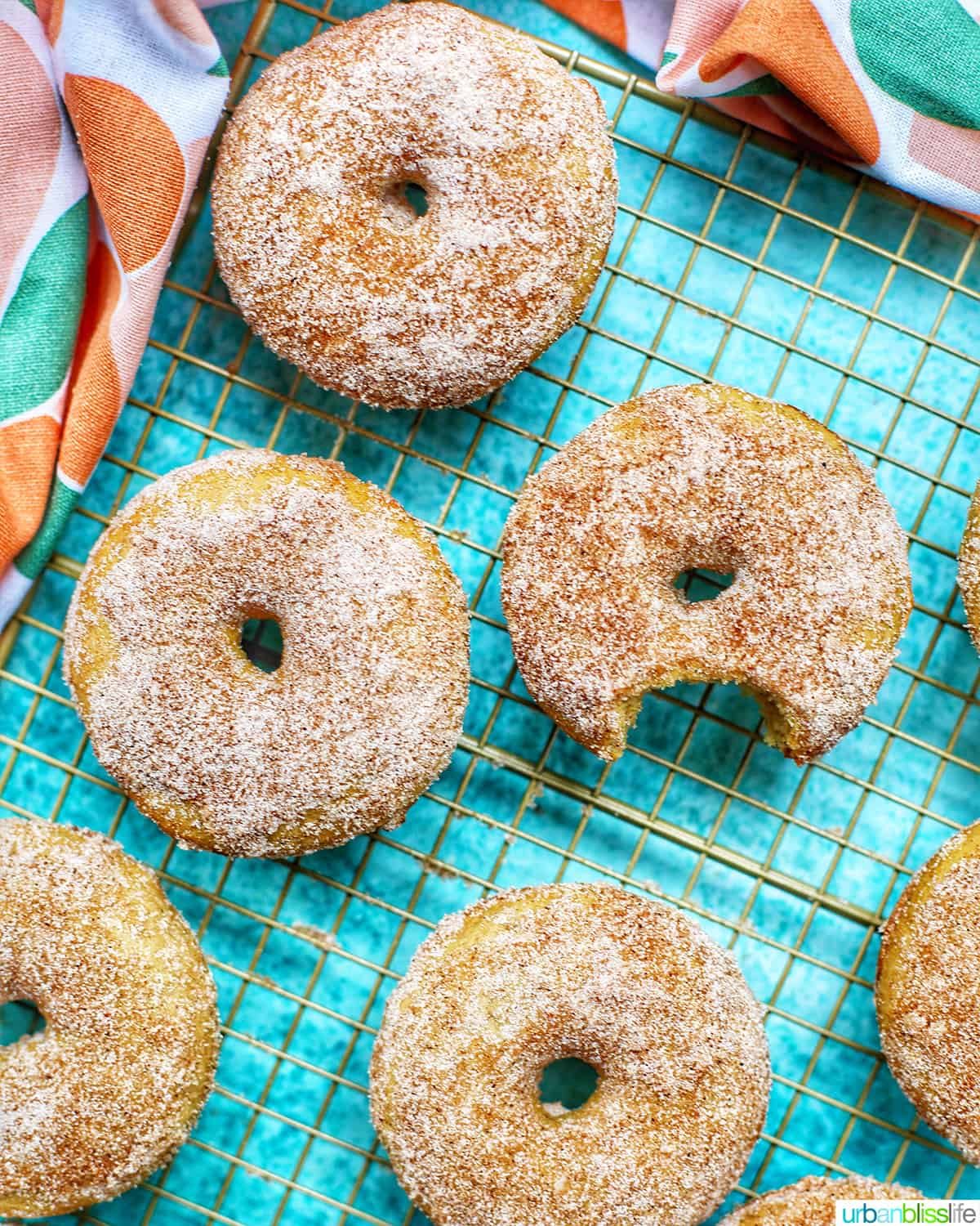 several apple cinnamon donuts on a wire rack, one with a bite taken out of it.