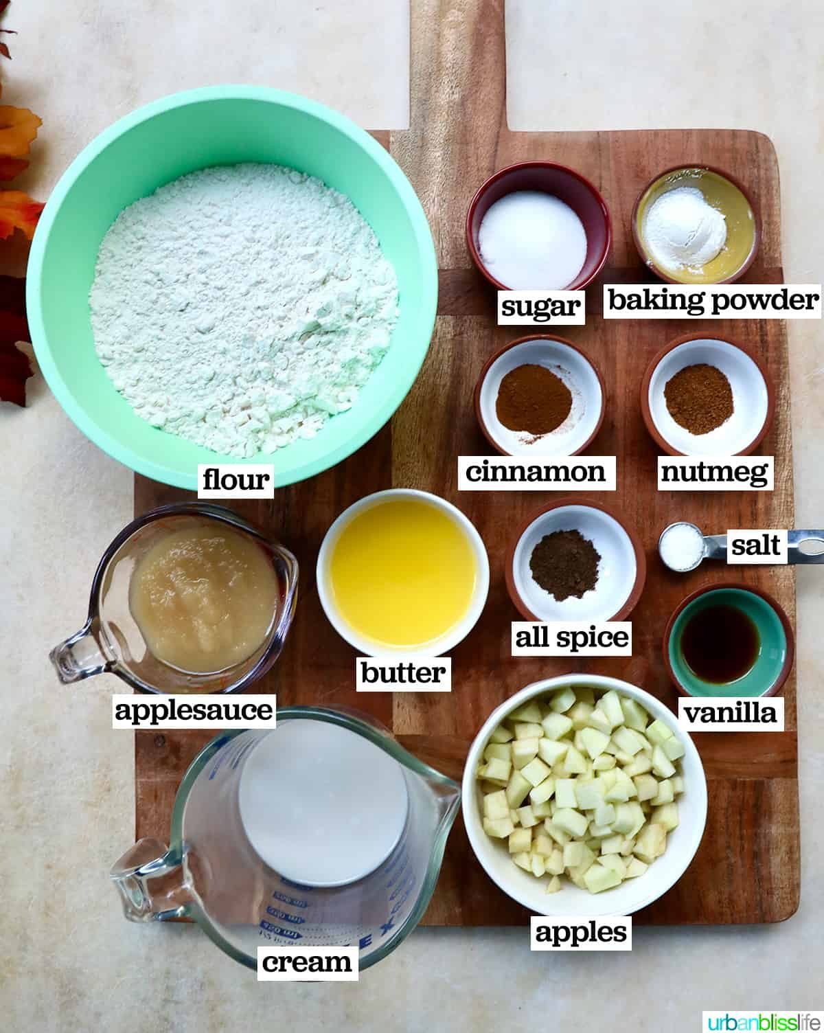 bowls of ingredients to make apple fritter donuts.