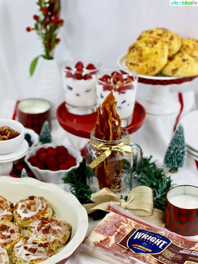 holiday breakfast bar with bacon and cinnamon rolls and berries
