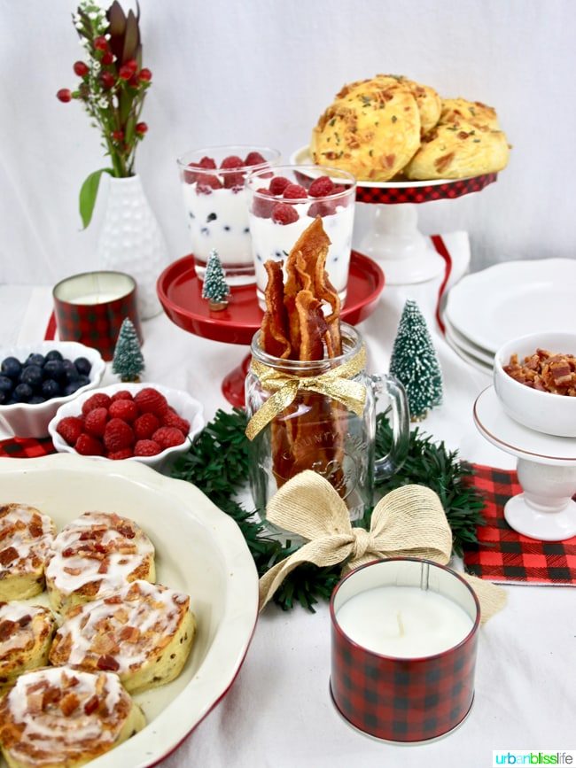 holiday breakfast bar with bacon and cinnamon rolls