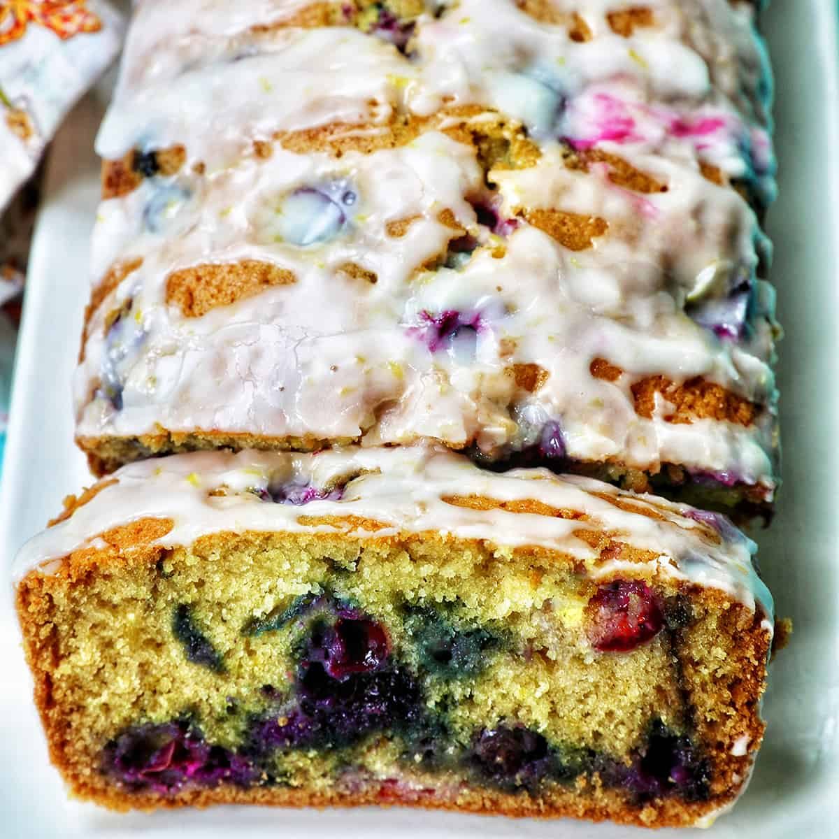 lemon blueberry pound cake sliced.