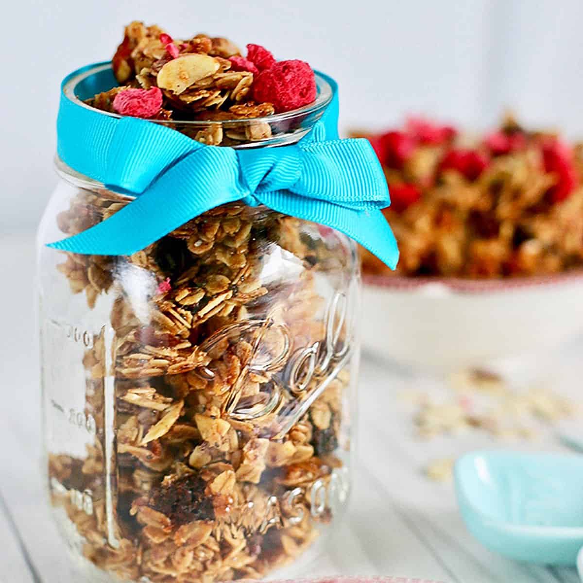 mason jar full of honey almond granola.