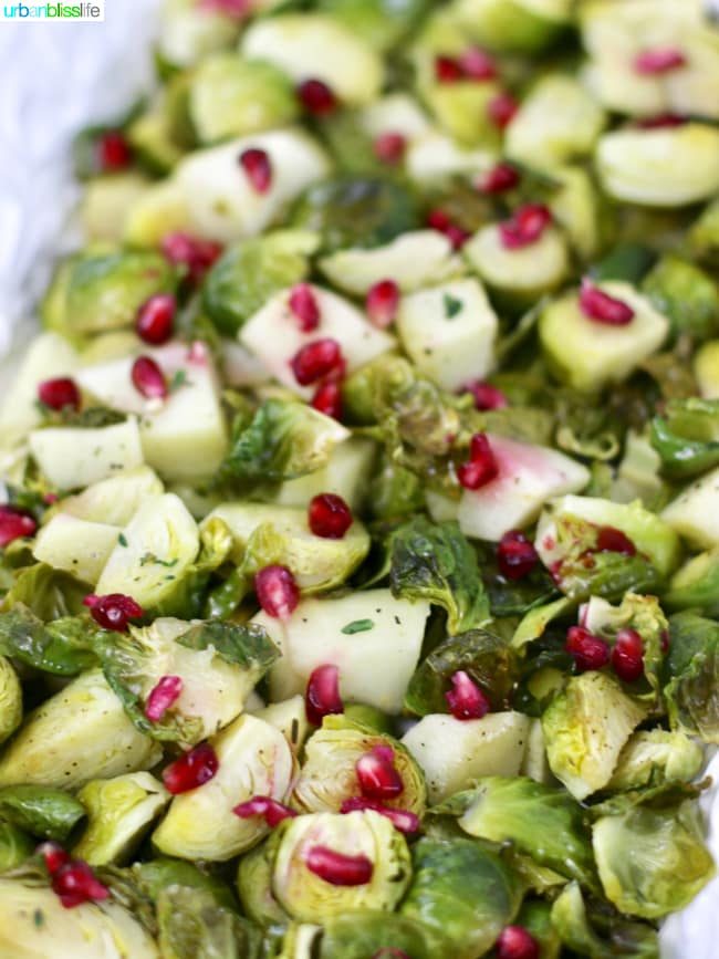 Roasted brussels sprouts with apples and pomegranate, recipe on UrbanBlissLife.com