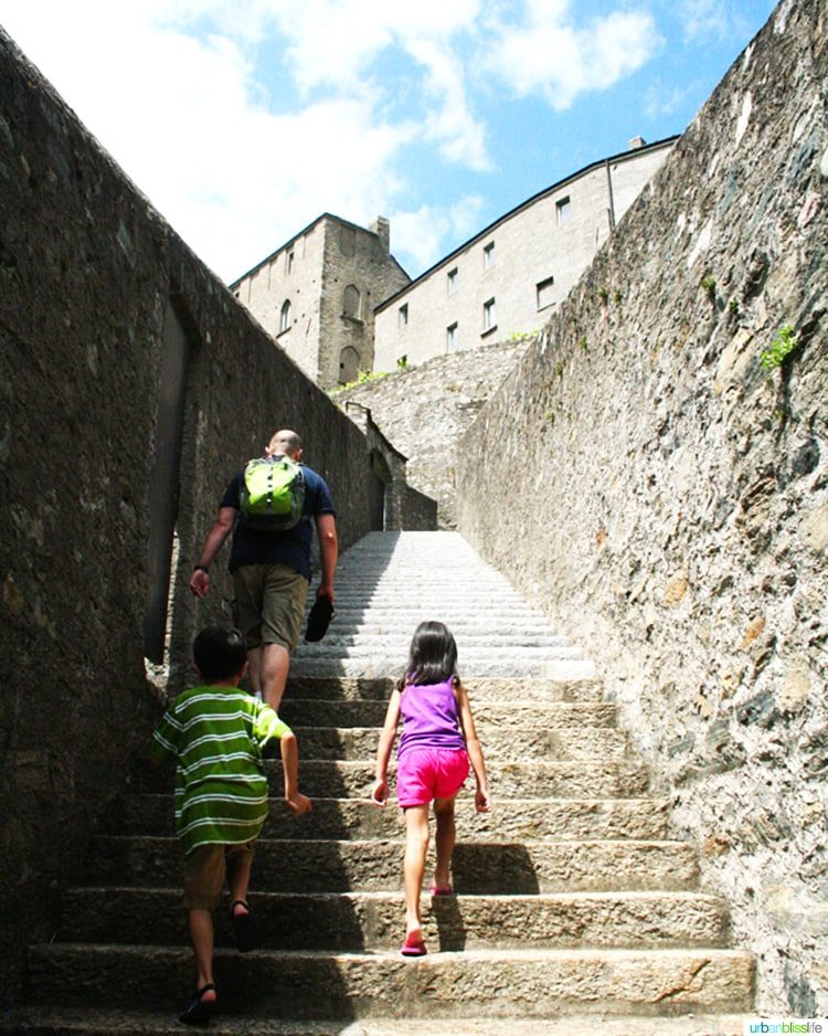 walking up steep steps to the Castles of Bellinzona
