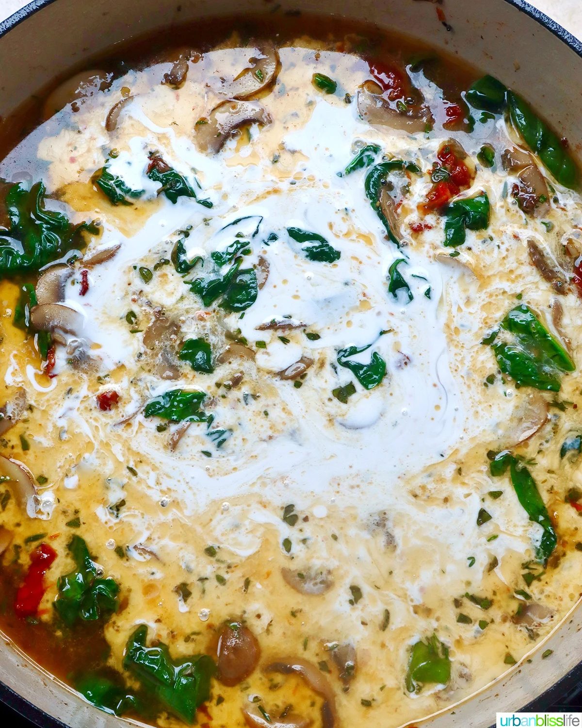 cream into spinach, sundried tomatoes, and mushrooms.