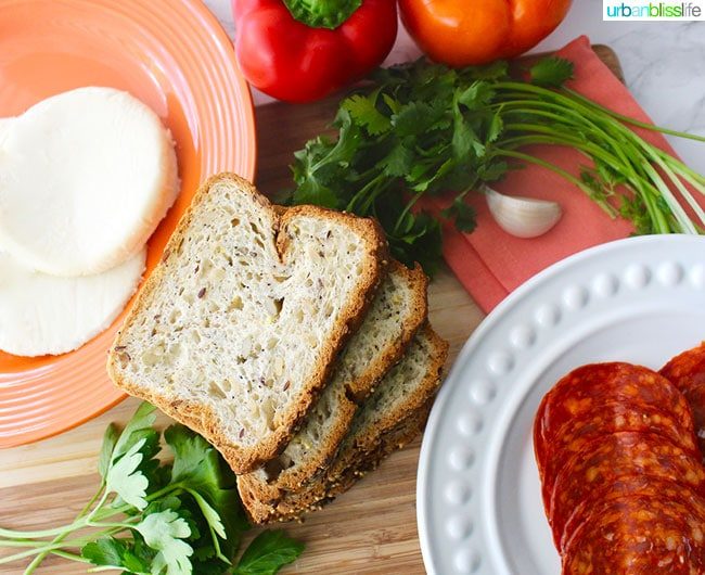 bread, tomato, chorizo, and garlic