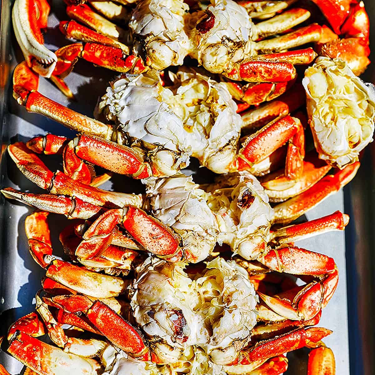 four Dungeness crabs cooked and cleaned.