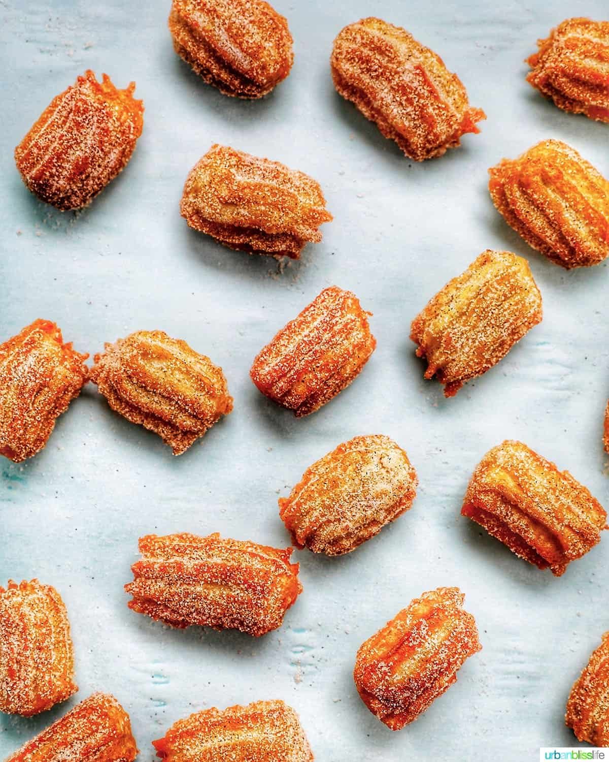 flatlay of churro bites sprinkled on a sheet
