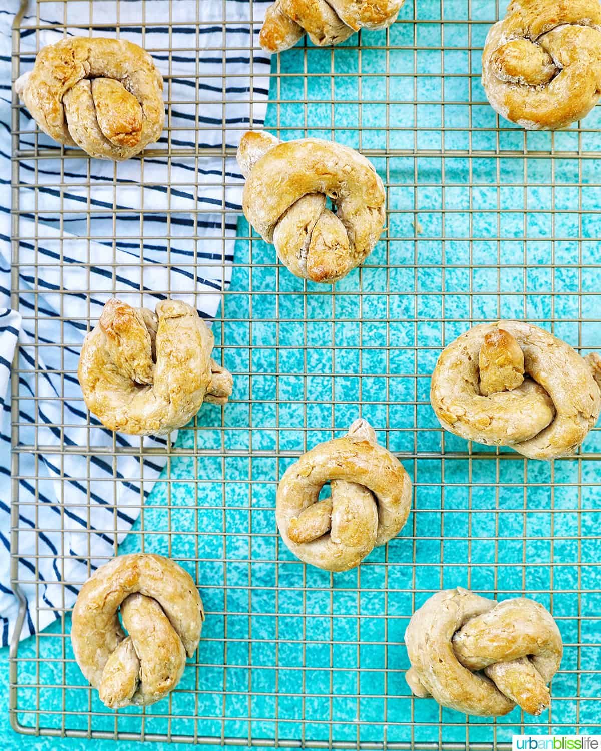 dog pretzels on a baking rack