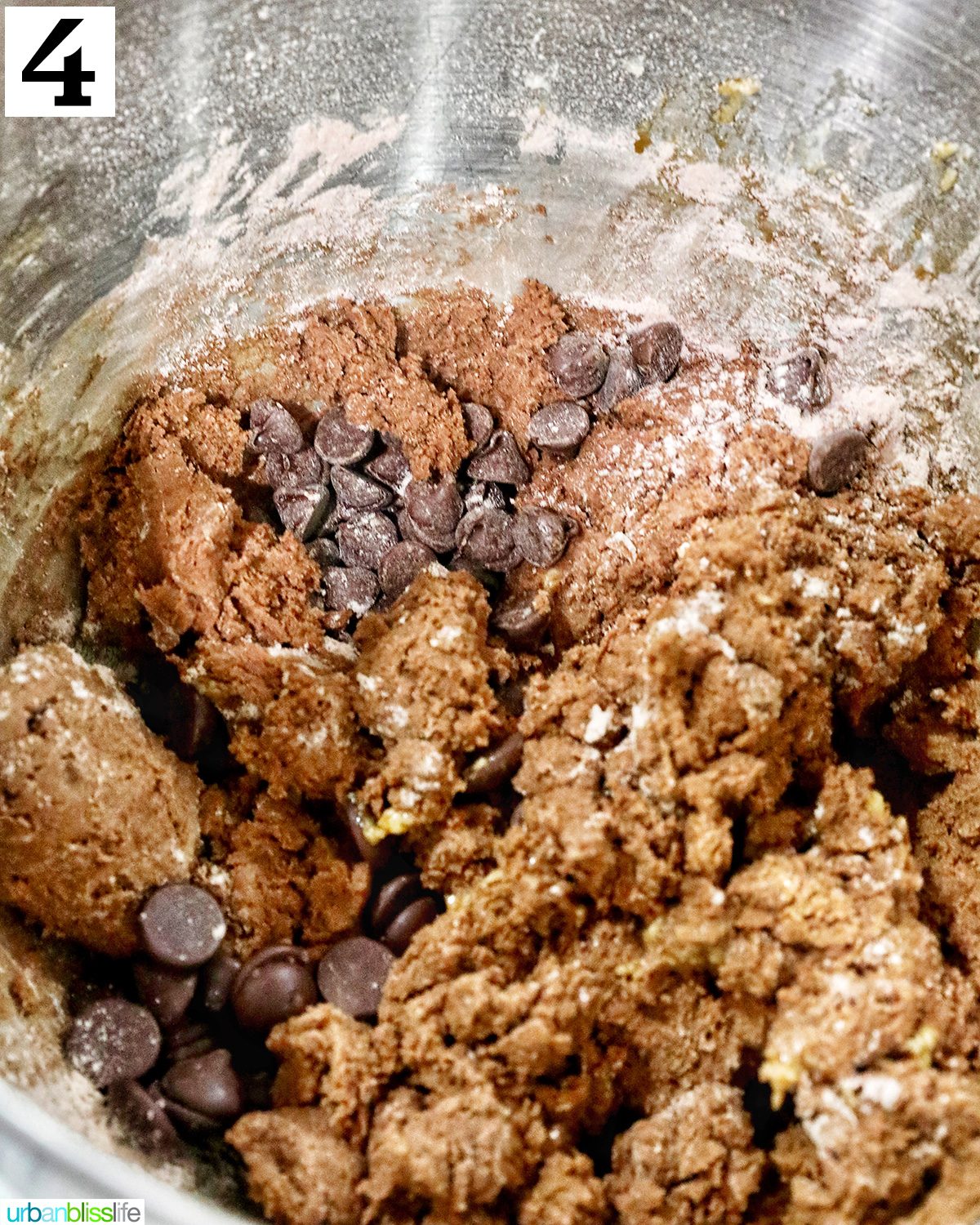 batter for double chocolate coffee cookies in a stainless steel bowl.