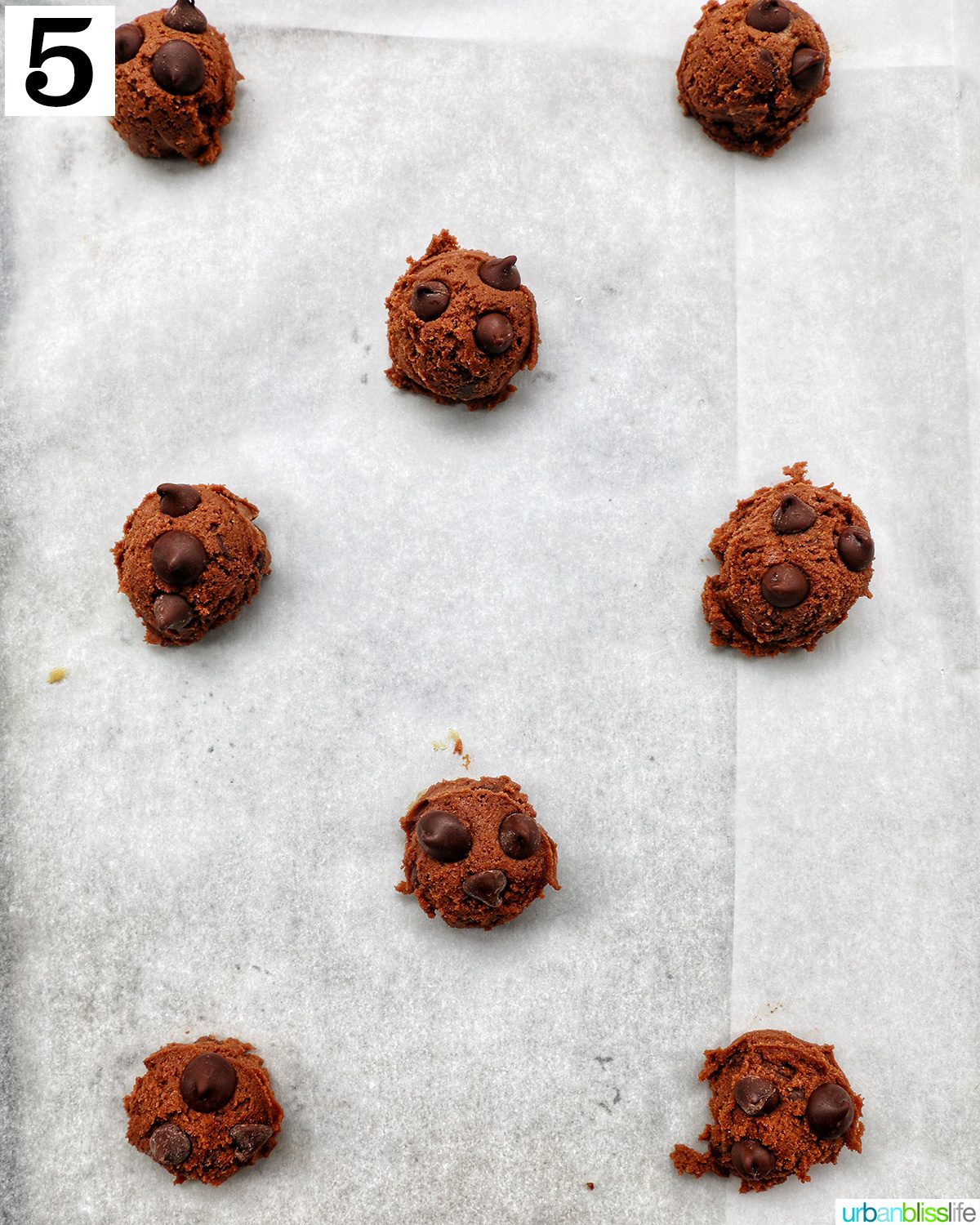 double chocolate coffee cookies on a parchment paper lined cookie sheet.