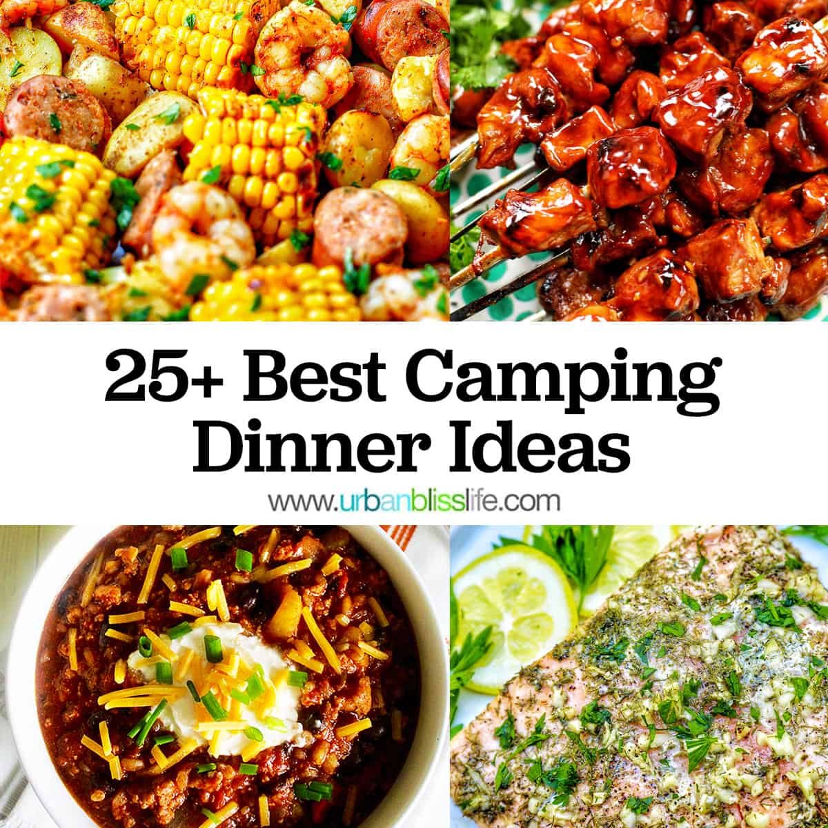 seafood boil foil packets, filipino pork BBQ skewers, dutch oven chili, and grilled salmon with title text that reads "25+ Best Camping