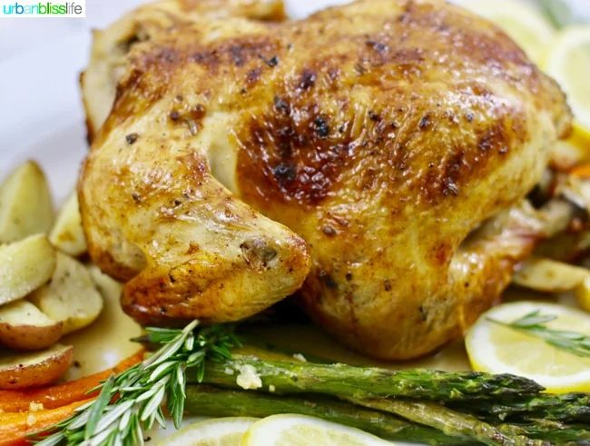 Simple Lemon Herb Roast Chicken with roasted vegetables, recipe on UrbanBlissLife.com