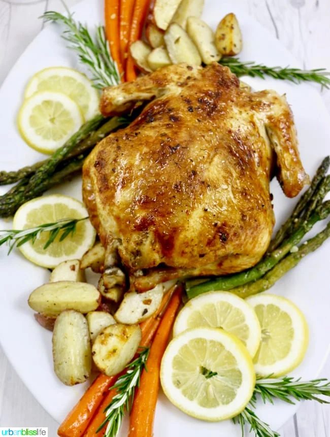 Simple Lemon Herb Roast Chicken with roasted vegetables, recipe on UrbanBlissLife.com