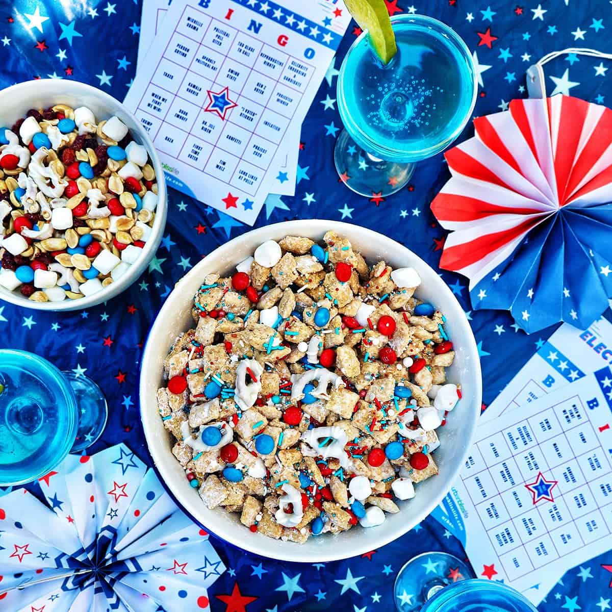 bowl of red, white and blue foods with election bingo cards.