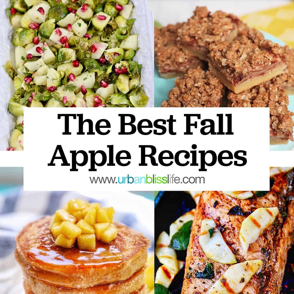 Brussels sprouts and apples, apple pie bars, apple pancakes, apple slices and pork chops with title text that reads "Best Fall Apple