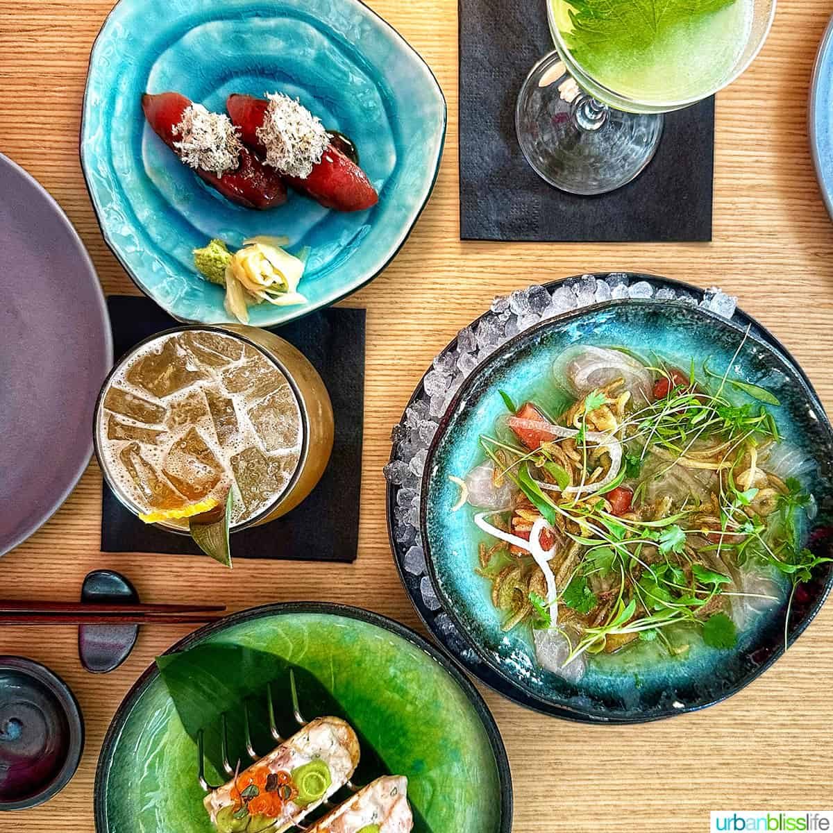 three plates with asian fusion food and title text overlay.