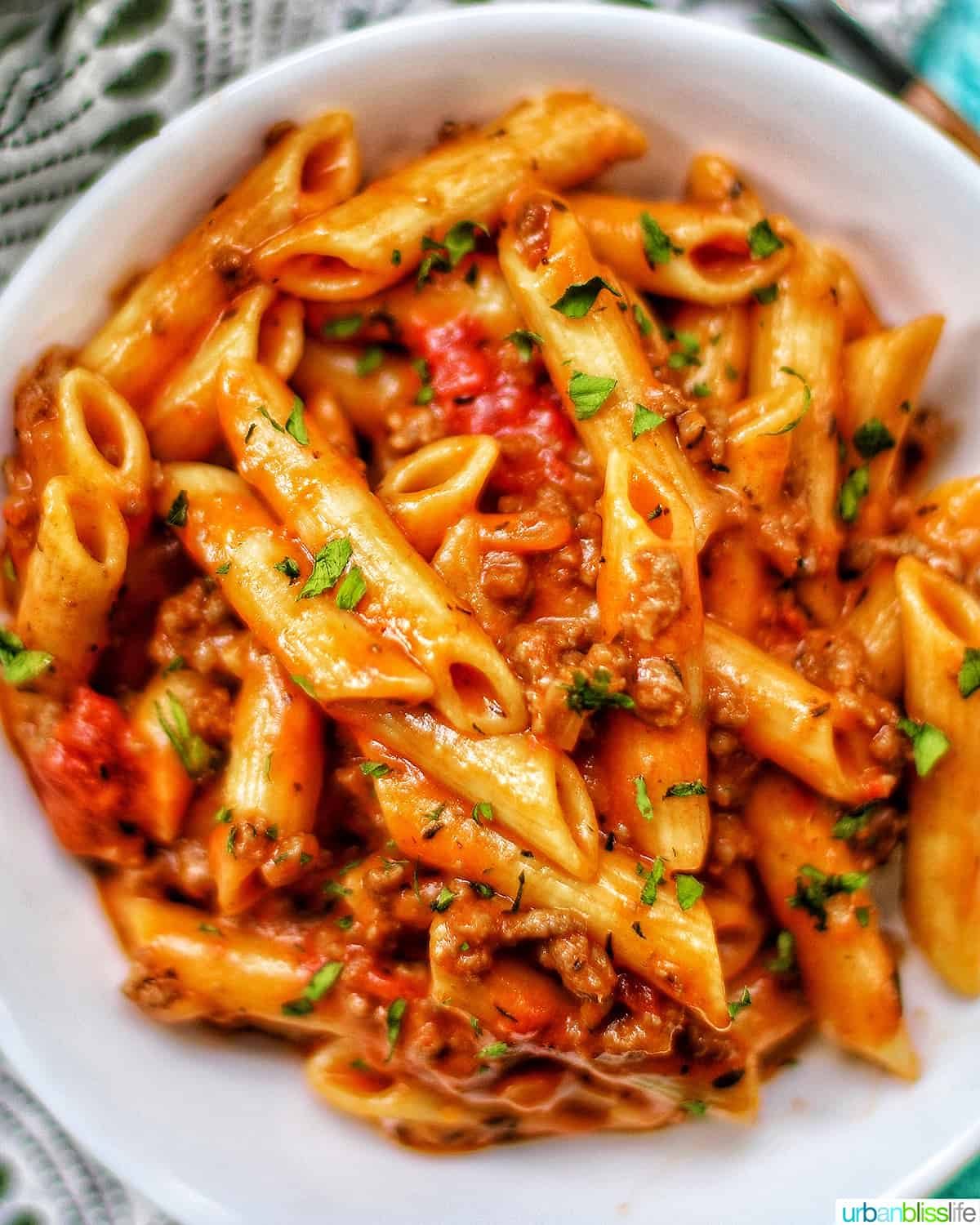 big bowl of dairy-free creamy ground beef pasta