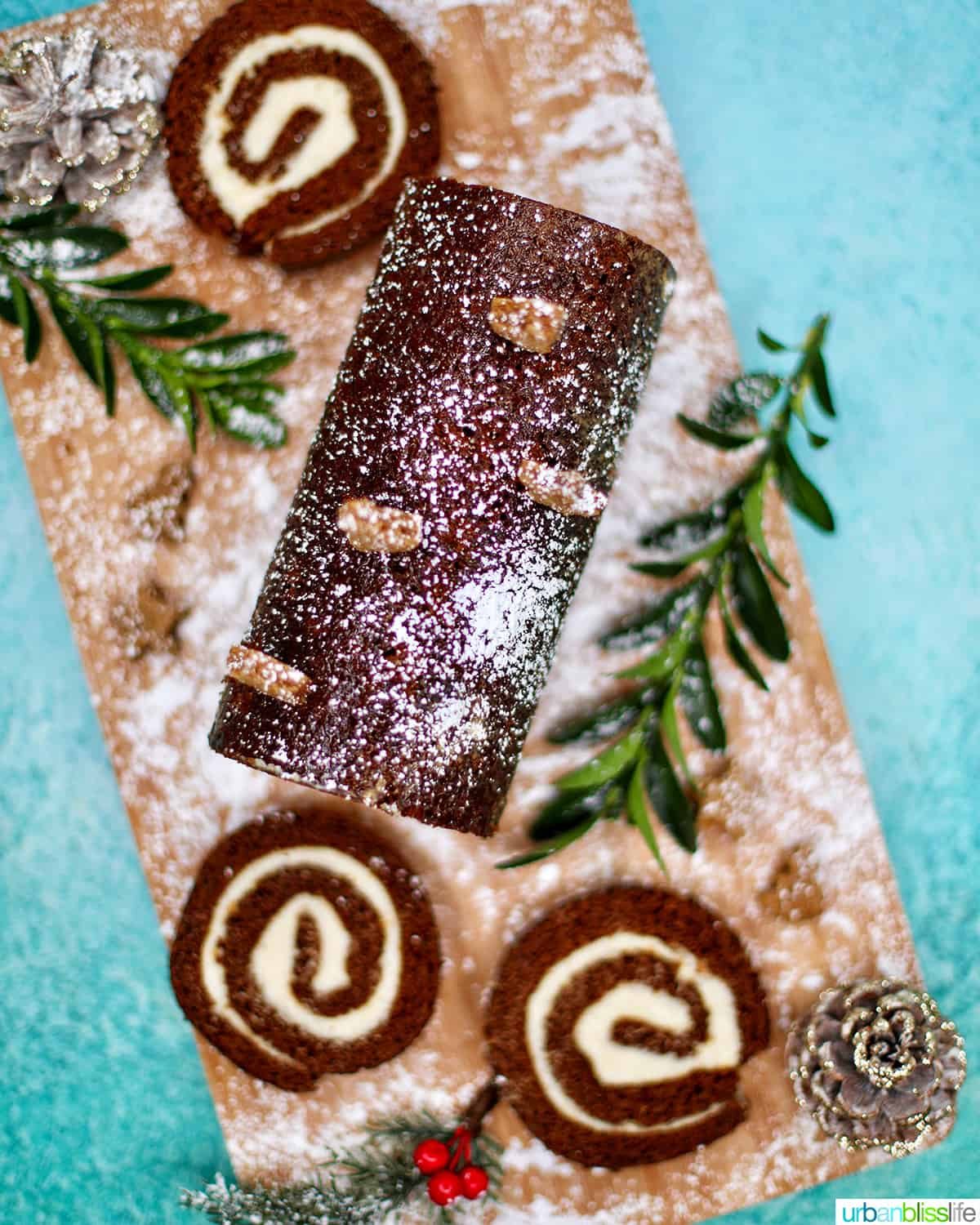 Gingerbread cake roll with holiday trimmings