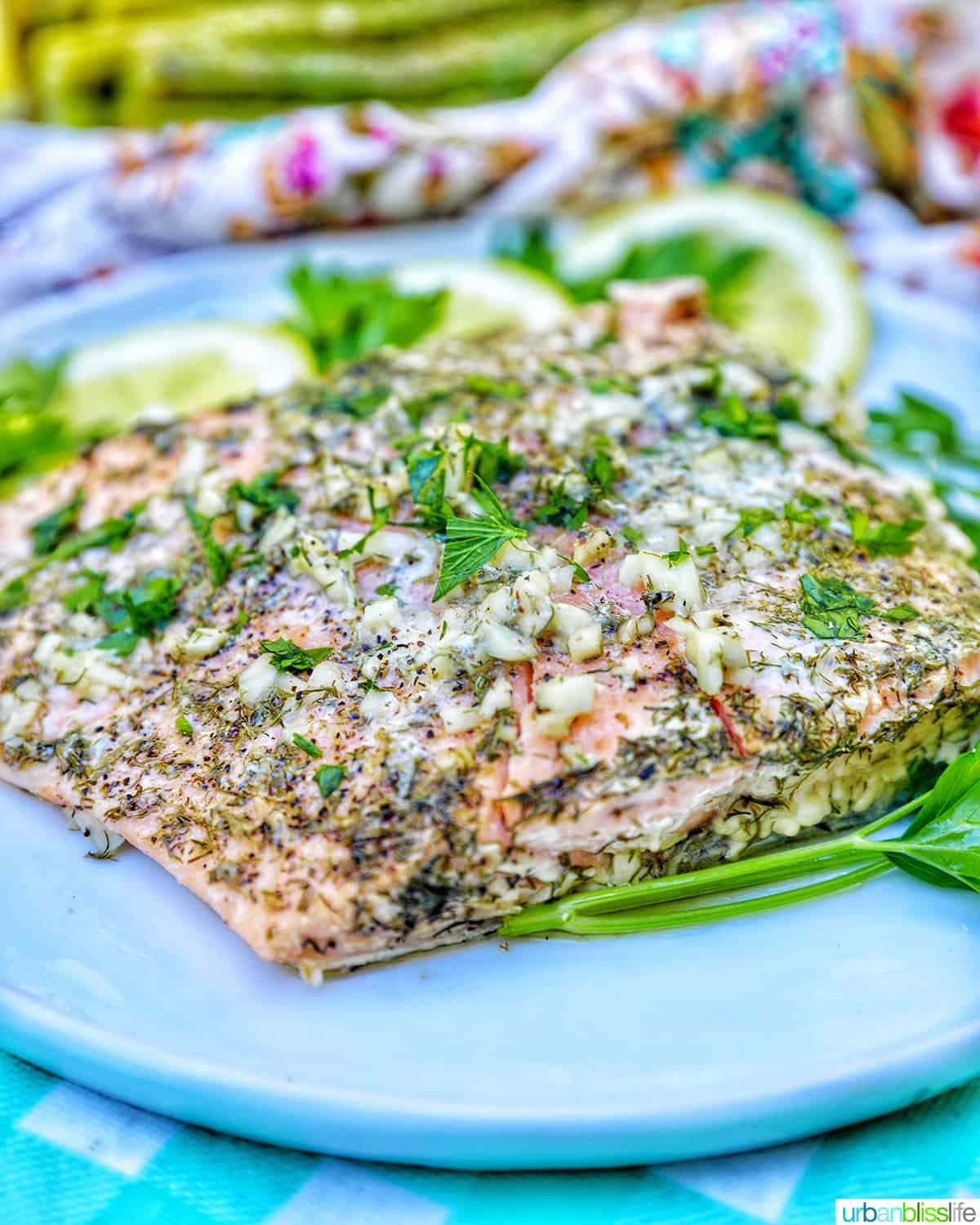 side view of grilled salmon with herbs and lemon slices on a white plate.