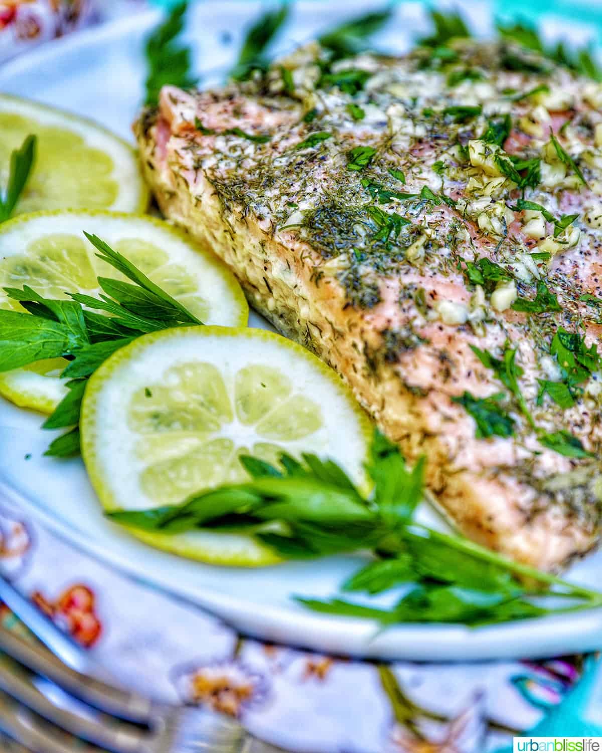 side of grilled salmon with herbs and lemon slices.