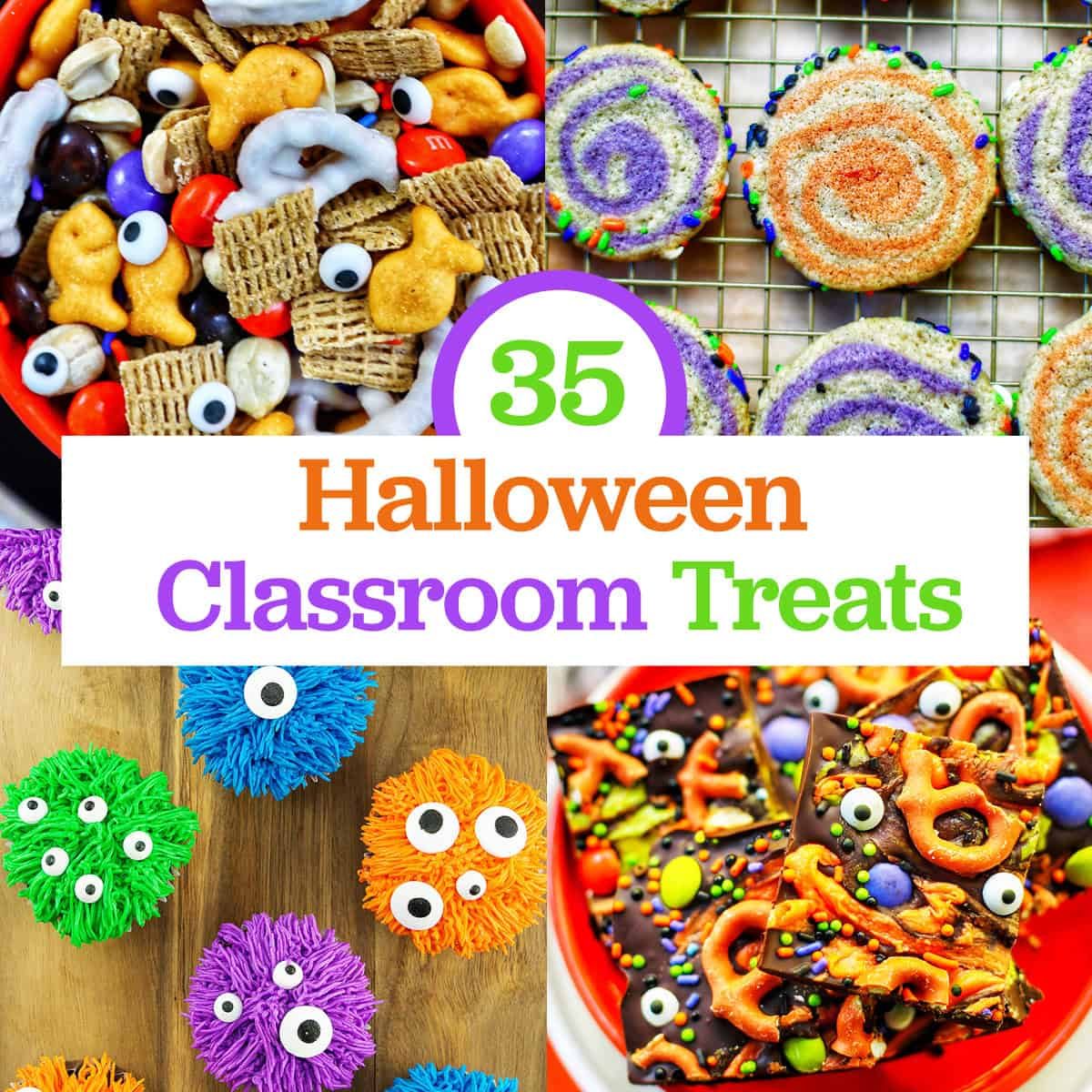 Halloween snack mix, pinwheel cookies, cupcakes, and monster bark with title text overlay.