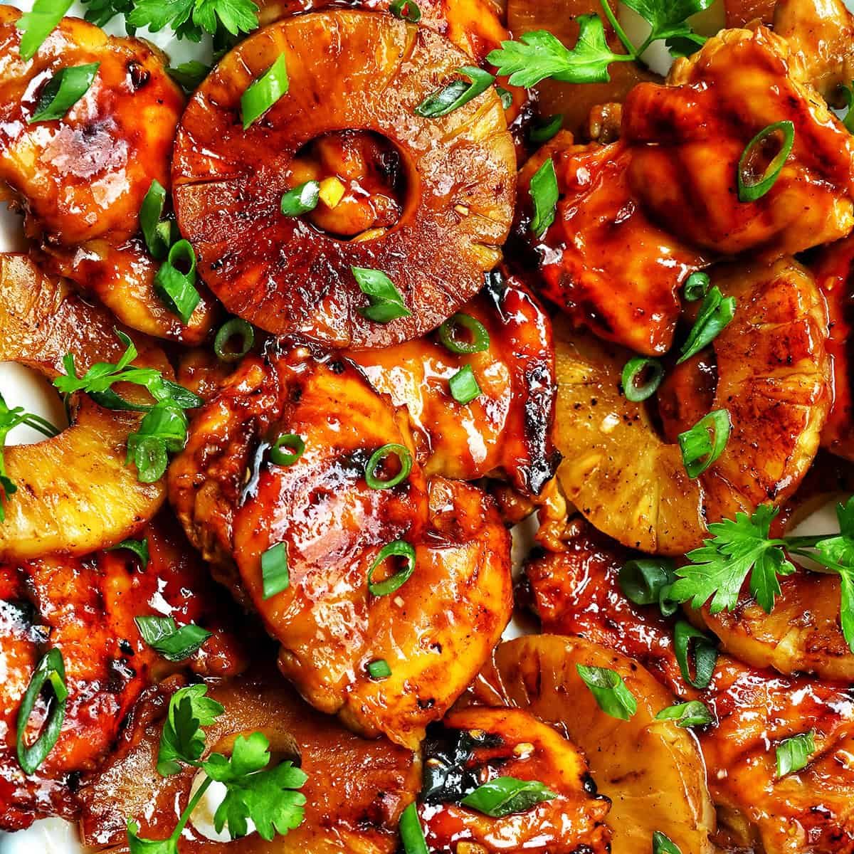 BBQ chicken and pineapples with herbs.