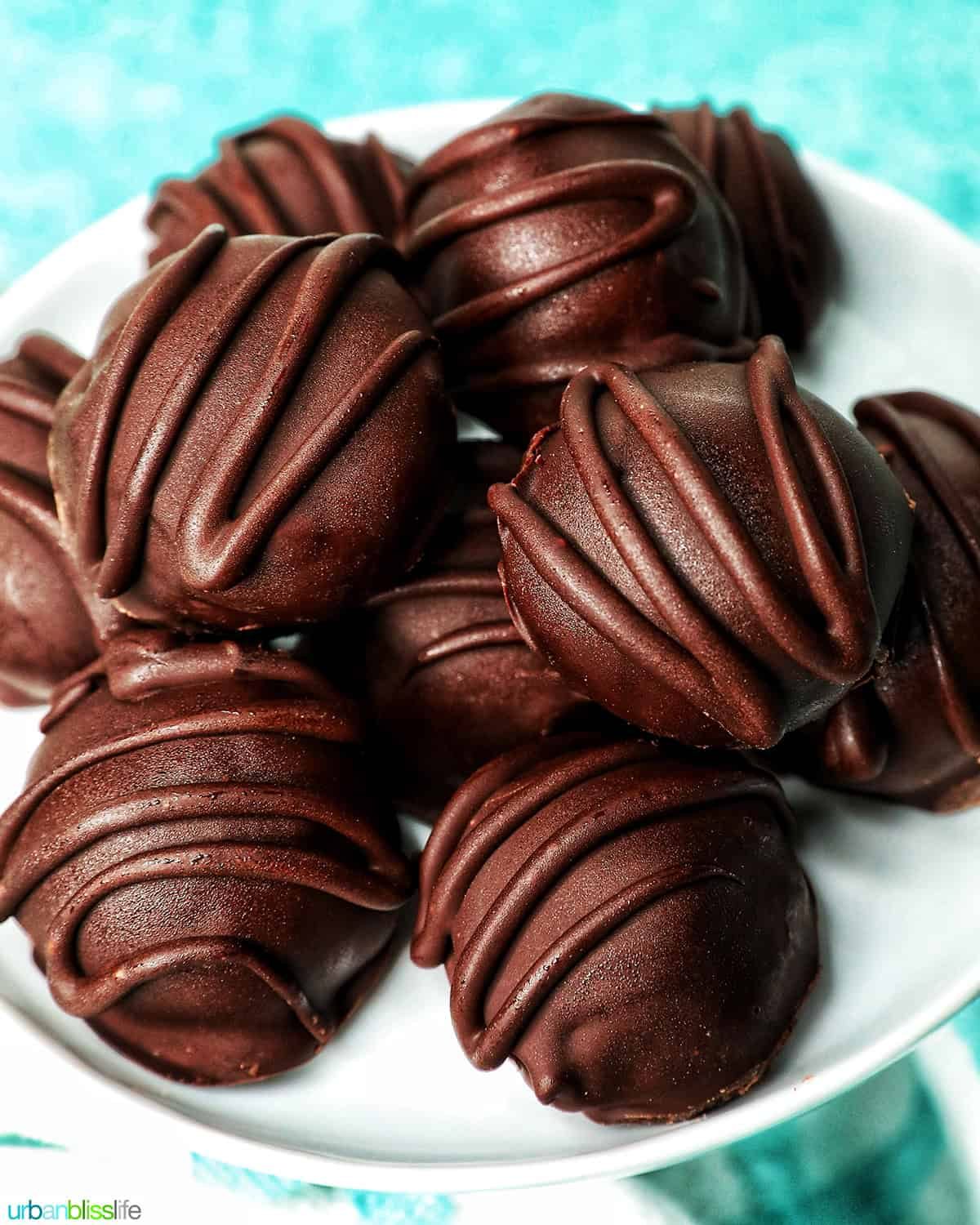 stack of chocolate honey bourbon truffles.