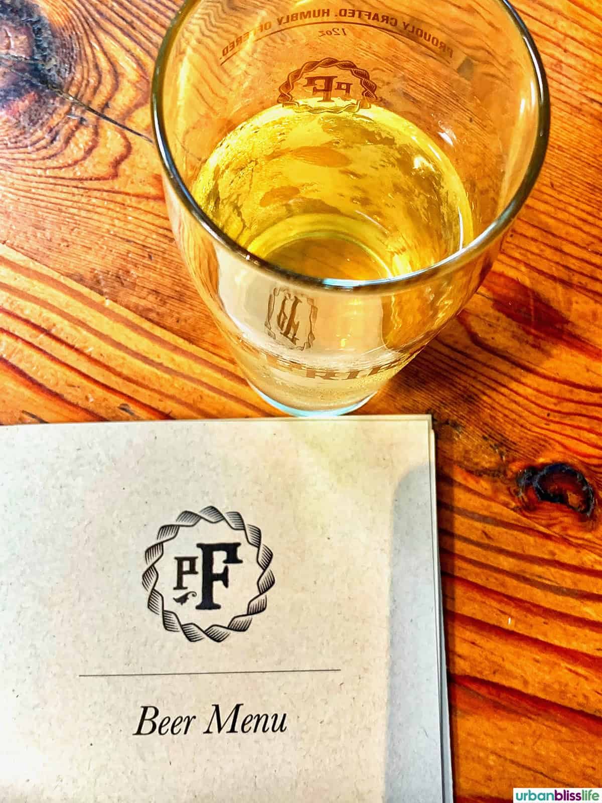 beer and menu at pFriem brewing in Hood River, Oregon.