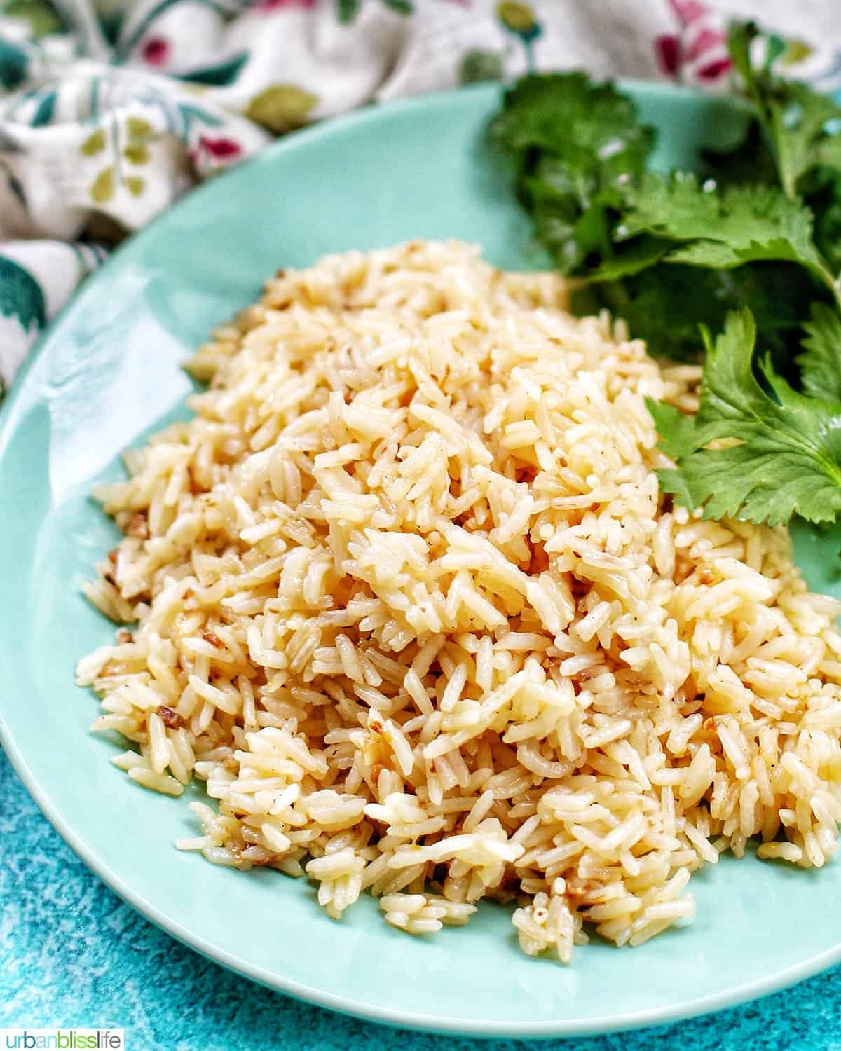 instant pot garlic rice on green plate
