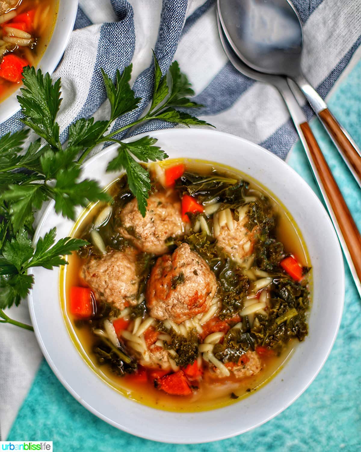 single white bowl of Italian Wedding Soup with two spoons