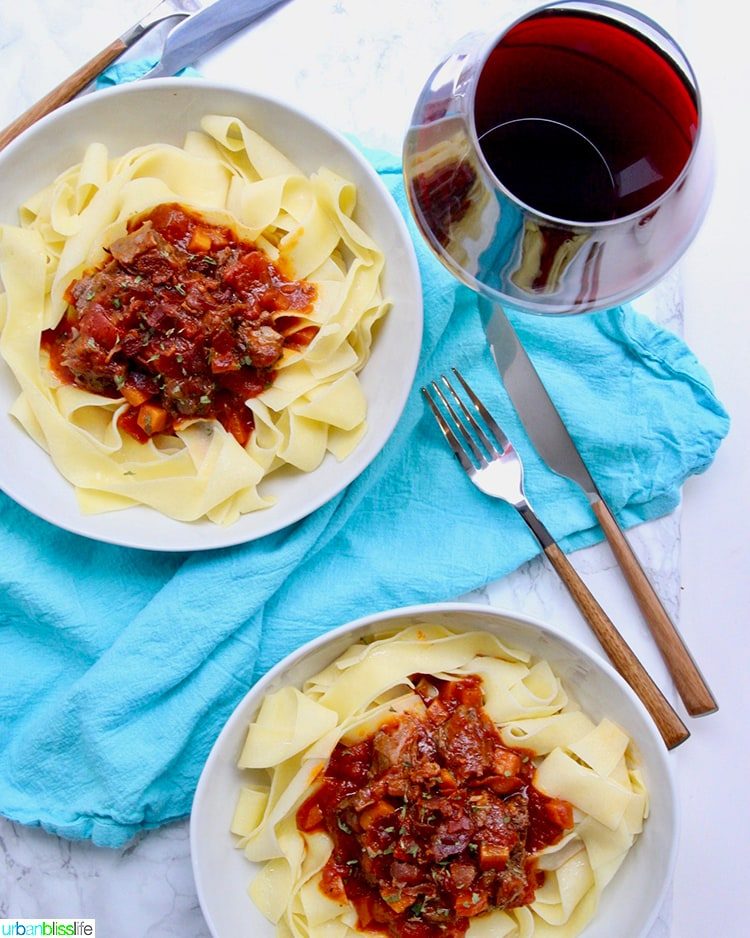 two big bowls of Pressure-cooker Short Ribs Ragu with red wine