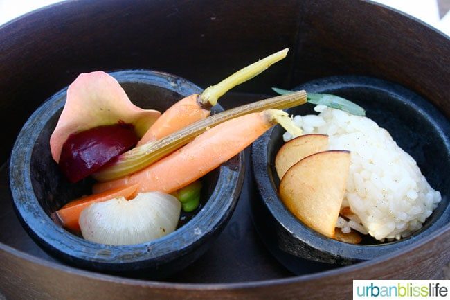 fresh appetizers in black bowls