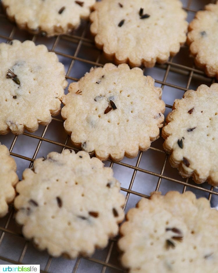 close up of lavender shortbread cookies cooling