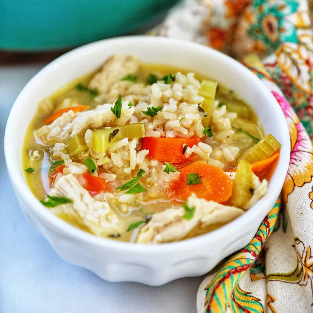 Lemon Chicken and Rice Soup in a white bowl.