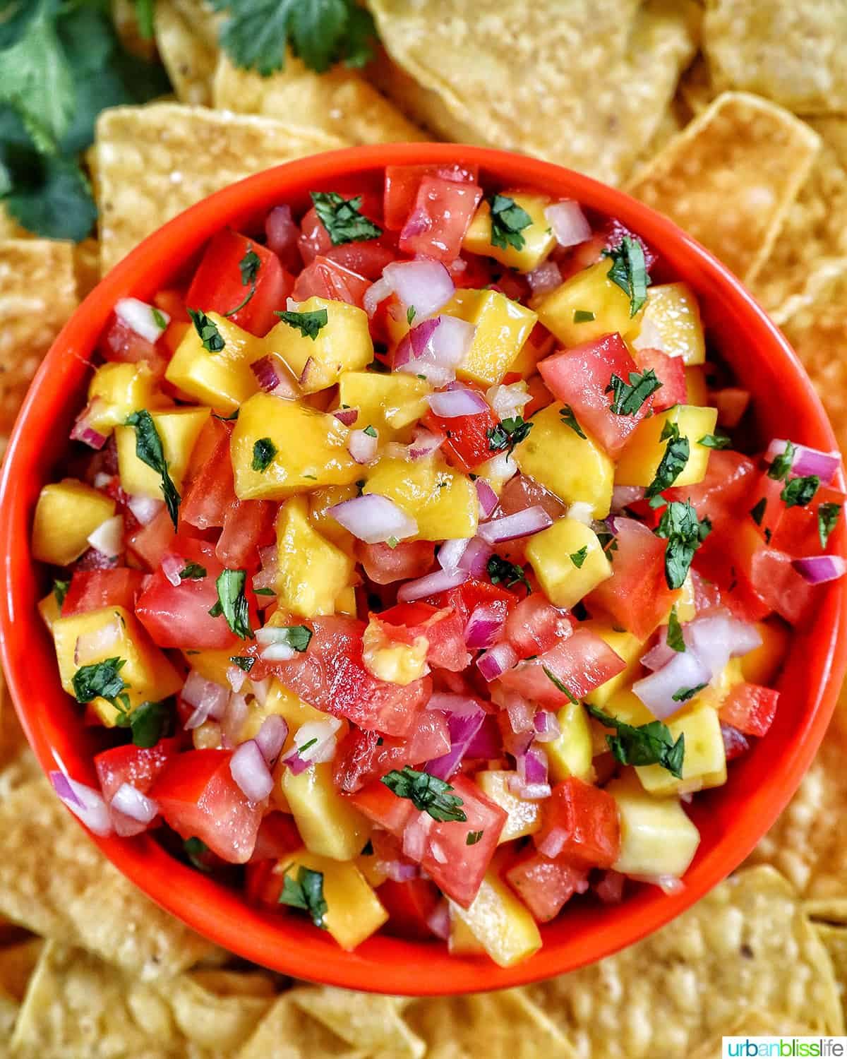 orange bowl filled with mango pico de gallo surrounded by pile of tortilla chips.