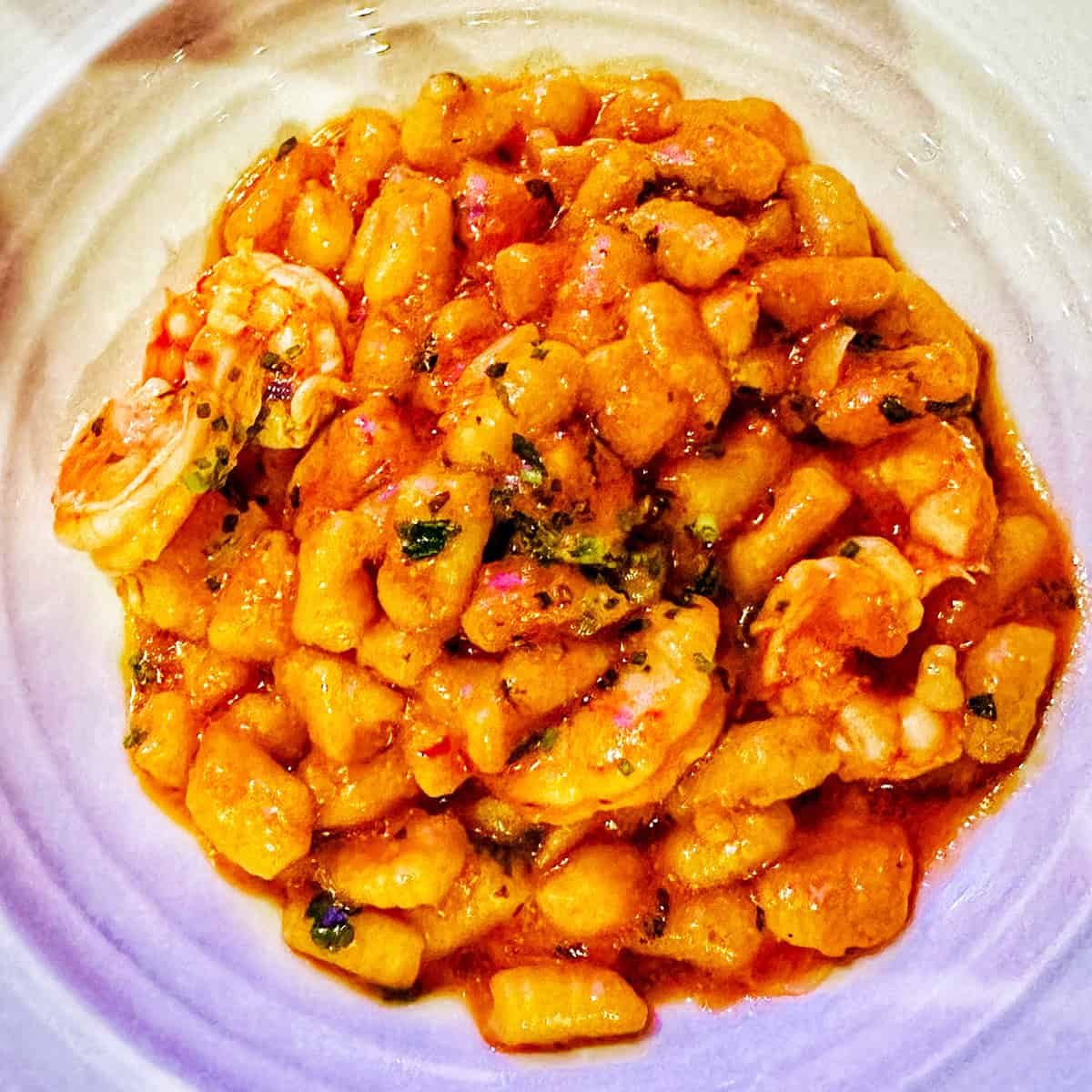 gemberetti shrimp pasta in a bowl at Marea NYC restaurant.