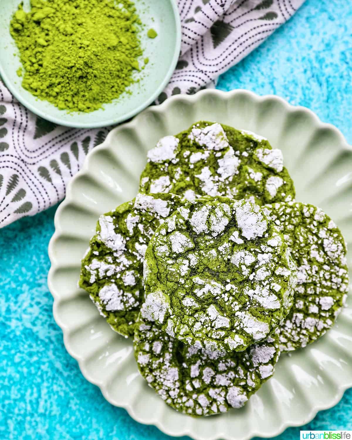plate of matcha crinkle cookies