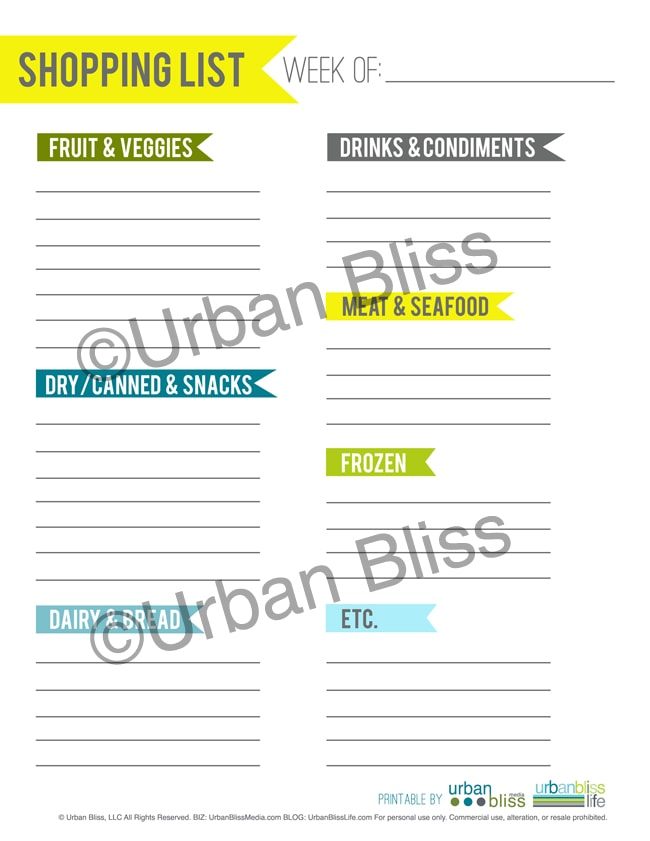 printable grocery list in a printable meal planner set