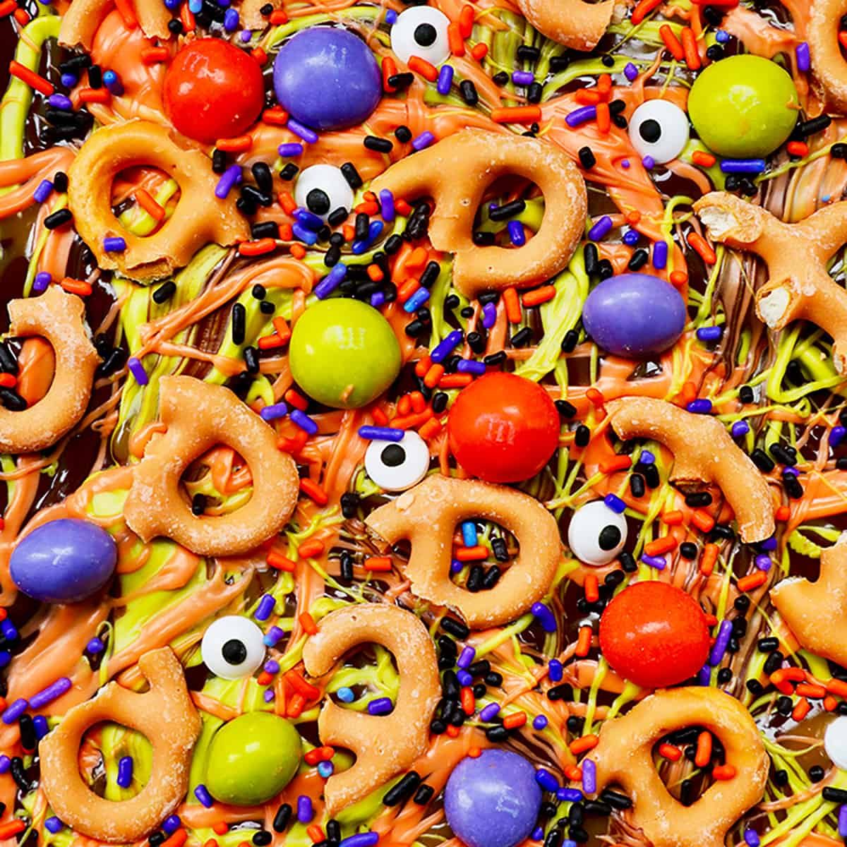 closeup of colorful monster halloween bark candy.