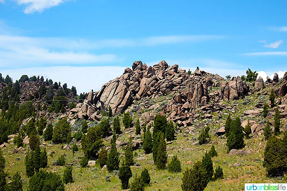big blue skies above a jagged rock formation and green space dotted with trees.