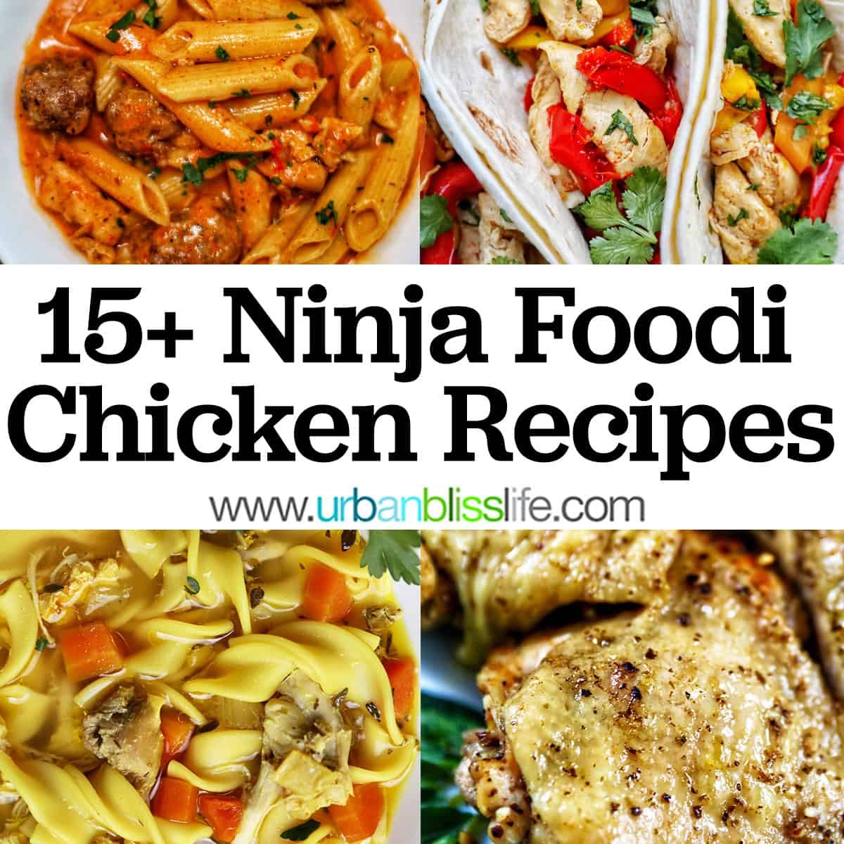 Pressure-cooker chicken recipes collage, including chicken thighs, chicken noodle soup, chicken fajitas, and cajun chicken pasta, with text