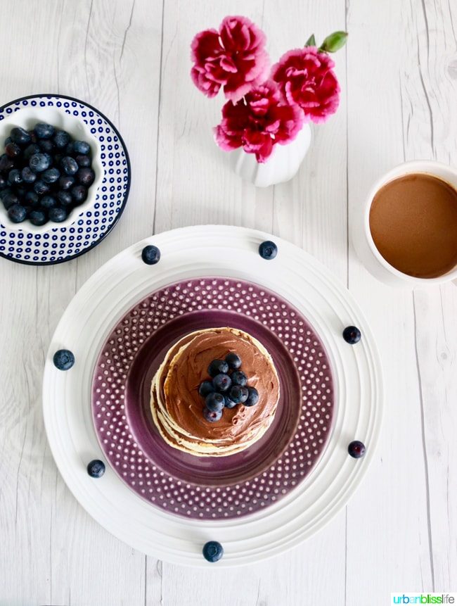 Pancake Cake Stacks with Dairy-Free Chocolate Frosting recipe on UrbanBlissLife.com