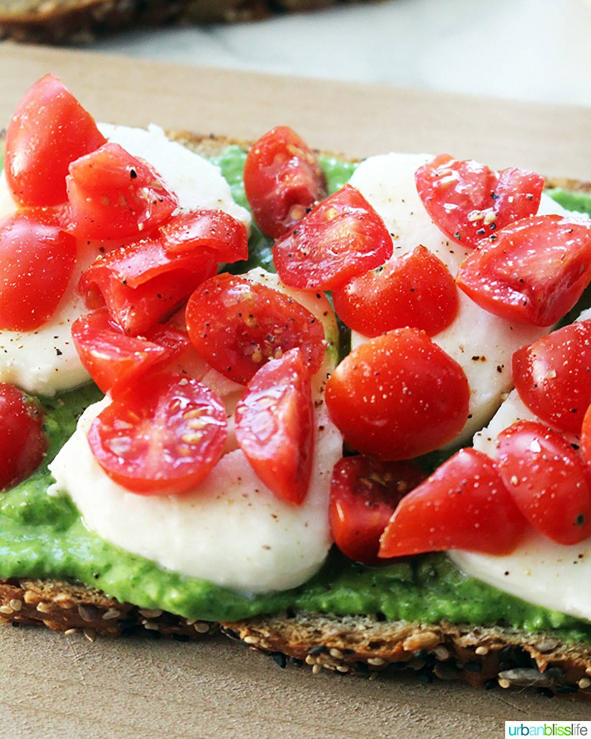 caprese tartines with avocado pesto